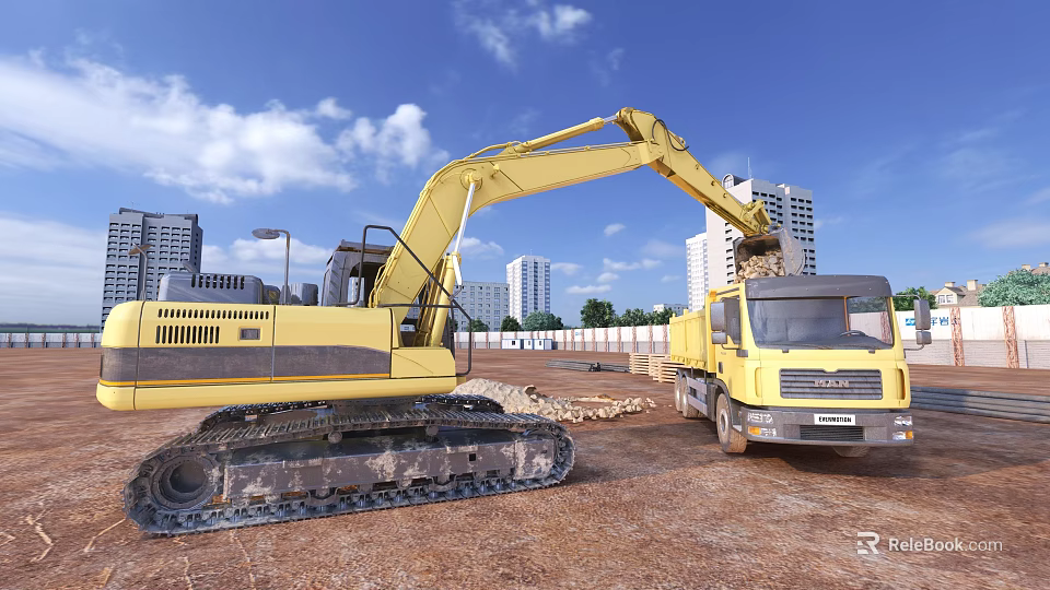 Yellow Construction Utility Vehicles Excavator And Truck Loading Materials At Urban Site 3d model 