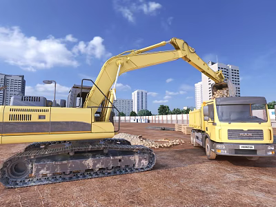 Yellow Construction Utility Vehicles Excavator And Truck Loading Materials At Urban Site 3d model