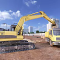 Yellow Construction Utility Vehicles Excavator And Truck Loading Materials At Urban Site