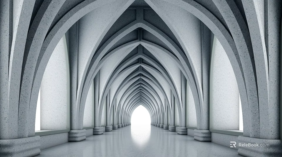 Elevator Hallway Interior With Arched Ceilings And Bright End Lighting Design 3d model 