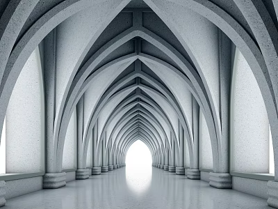 Elevator Hallway Interior With Arched Ceilings And Bright End Lighting Design 3d model