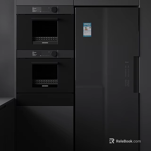 Modern Black Kitchen Appliances With Built In Ovens And Refrigerator Design 3d model 