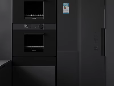 Modern Black Kitchen Appliances With Built In Ovens And Refrigerator Design 3d model