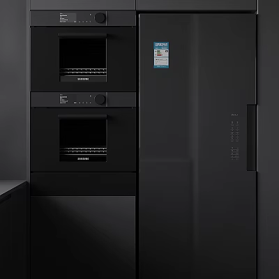 Modern Black Kitchen Appliances With Built In Ovens And Refrigerator Design 3d model