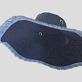 Navy Blue Wide Brim Hat With Fringe Trim And Side Button Detail