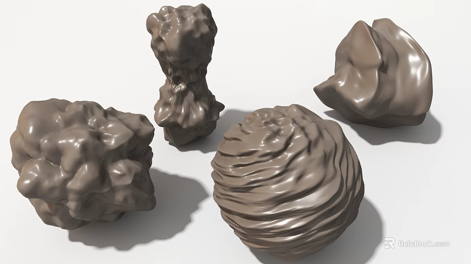 Artistic Sculpture Carvings With Various Textured Shapes And Spiral Patterns On White Background 3d model 