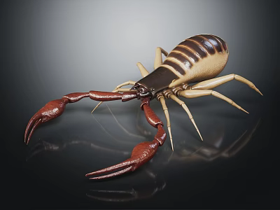 Brown and Beige Scorpion With Large Claws Tail And Reflection On Shiny Surface 3d model