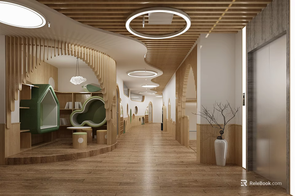 Elevator Hallway Interior With Wooden Flooring Circular Pendant Lights Curved Design Green Seating And Bookshelves 3d model 