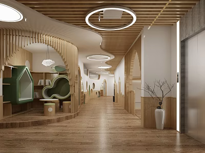 Elevator Hallway Interior With Wooden Flooring Circular Pendant Lights Curved Design Green Seating And Bookshelves 3d model