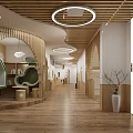 Elevator Hallway Interior With Wooden Flooring Circular Pendant Lights Curved Design Green Seating And Bookshelves