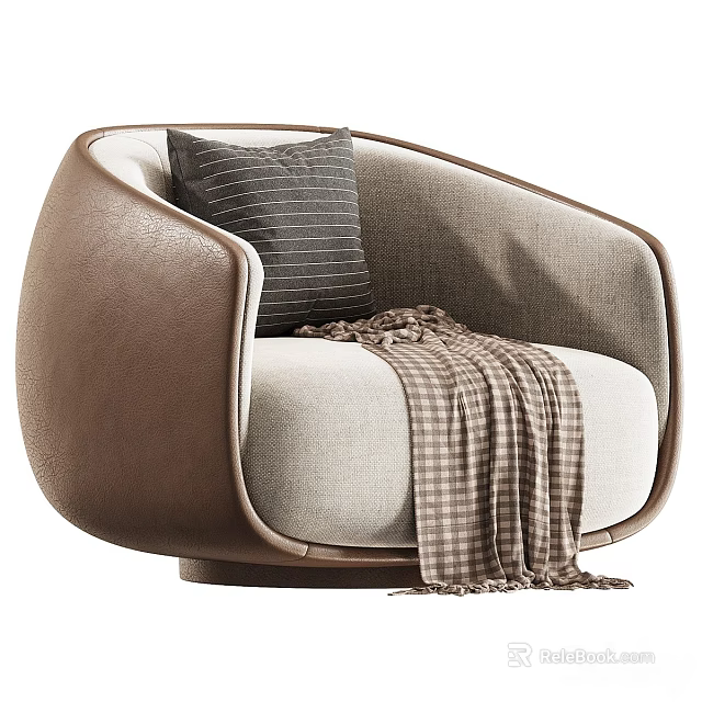 Modern Brown Beige Armchair With Striped Pillow And Plaid Blanket 3d model 