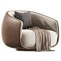 Modern Brown Beige Armchair With Striped Pillow And Plaid Blanket