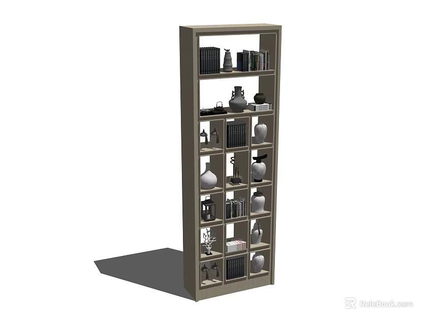 Multi Tiered Open Storage Shelving Unit With Books Vases And Decorative Items 3d model 