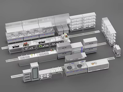 Commercial Kitchen Equipment Layout With Stainless Steel Workstations Cabinets And Shelves 3d model