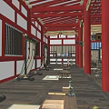 Ancient Architecture Interior With Red Beams Columns Traditional Decorations Wooden Tables And Mats On Floor