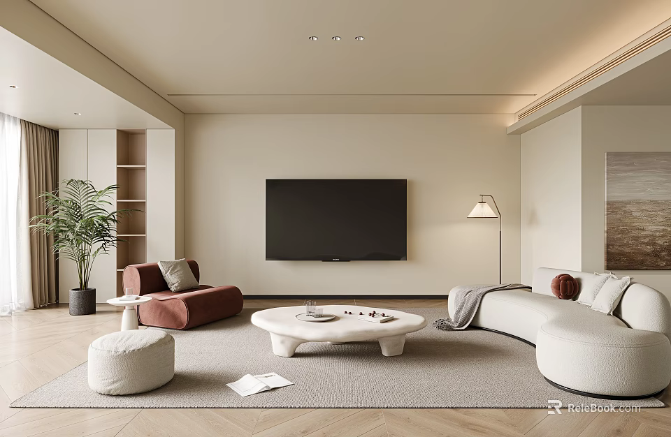 Modern Living Room Interior Design With Sofa Coffee Table Floor Lamp And Plants 3d model 