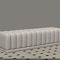 Beige Upholstered Bench with Vertical Tufted Design on Black Square Patterned Rug in Neutral Room