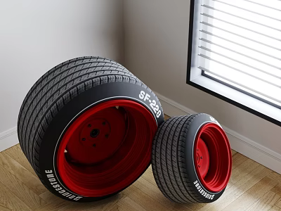 Two Large And Small Tires With Red Rims Marked SF-23 On Wooden Floor White Wall 3d model