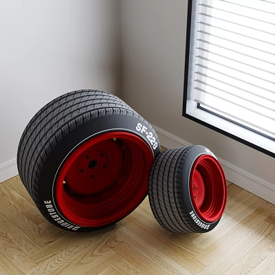 Two Large And Small Tires With Red Rims Marked SF-23 On Wooden Floor White Wall 3d model