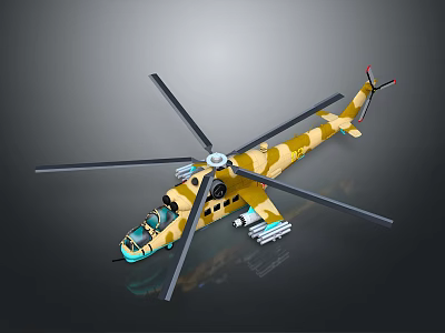 Aerospace Themed Helicopter Model with Yellow Camouflage and Large Propellers 3d model