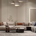 Modern Living And Dining Room Interior With Sofa Dining Table Pendant Lights And Rug