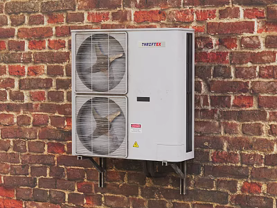 Air Conditioner Fan Outdoor Unit Mounted on Red Brick Wall Exterior 3d model