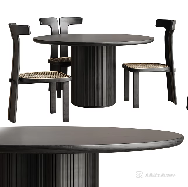 Modern Round Dark Wood Dining Table Set With Ribbed Legs And Woven Chairs 3d model 