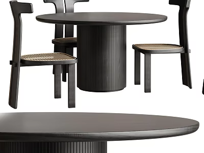 Modern Round Dark Wood Dining Table Set With Ribbed Legs And Woven Chairs 3d model