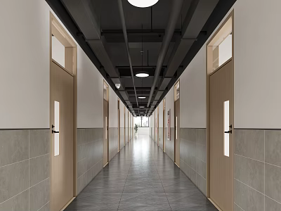 School Long Corridor With Wooden Doors Gray Floor Tiles White Walls And Ceiling Lights 3d model