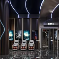 Modern Cinema Interior Design With TicketBox Red Curtains Neon Lights Marble Floors And Green Plants