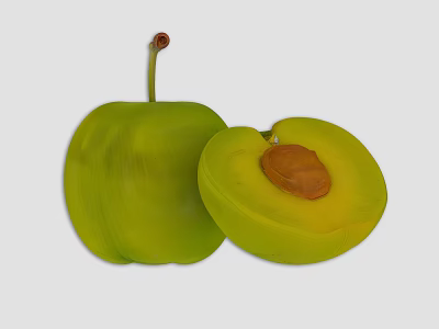 Fresh Green Plum Fruit Whole and Halved Showing Juicy Flesh and Brown Pit 3d model