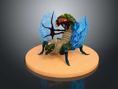 Game Movie Sci Fi Character With Green Body Blue Transparent Glowing Wings On Round Base 3d model