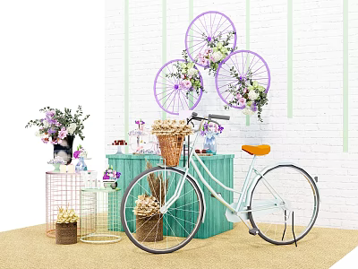 Decorative Scene Featuring Light Blue Bicycle Wicker Basket Purple Wheel Flowers And Green Cabinet 3d model