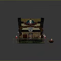 Pirate Themed Building with Wooden Structure Skull Signboard Waterfront Dock Platform Lights and Pirate Figures