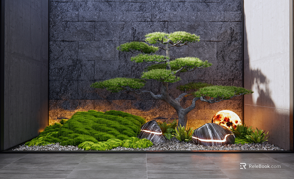 Indoor Landscape Featuring Gray Stone Wall Pine Tree Green Moss Stones And Round Lamp 3d model 
