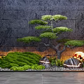 Indoor Landscape Featuring Gray Stone Wall Pine Tree Green Moss Stones And Round Lamp