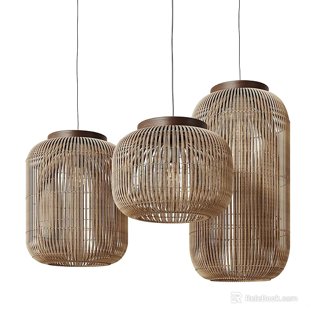 Three Rattan Woven Pendant Lights Natural Style For Modern Home Interior Decor 3d model 
