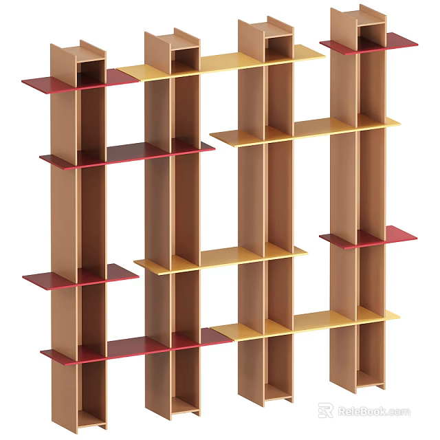 Modern Open Grid Multilayer Shelving Unit Featuring Red And Yellow Storage Display Shelves 3d model 