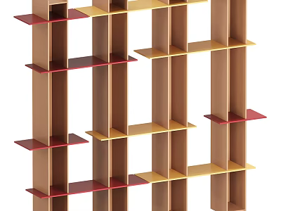 Modern Open Grid Multilayer Shelving Unit Featuring Red And Yellow Storage Display Shelves 3d model