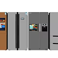 Modern Refrigerators And Freezers With Digital Screens And Various Color Designs