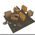 Open And Closed Cardboard Boxes With Scattered Paper And Small Items