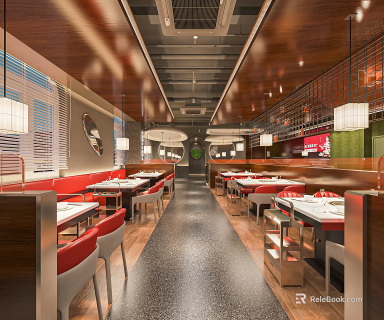 Modern Hotpot Restaurant Interior With Red Seats Wooden Decor And Dining Tables 3d model 