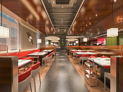 Modern Hotpot Restaurant Interior With Red Seats Wooden Decor And Dining Tables 3d model