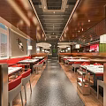 Modern Hotpot Restaurant Interior With Red Seats Wooden Decor And Dining Tables