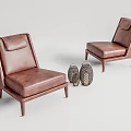 Elegant Modern Brown Leather Single Sofas With Decorative Vases And Wooden Legs