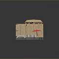 Traditional Japanese Garden Scene with Wooden Pavilion Red Umbrella Stone Water and Straw Decorations