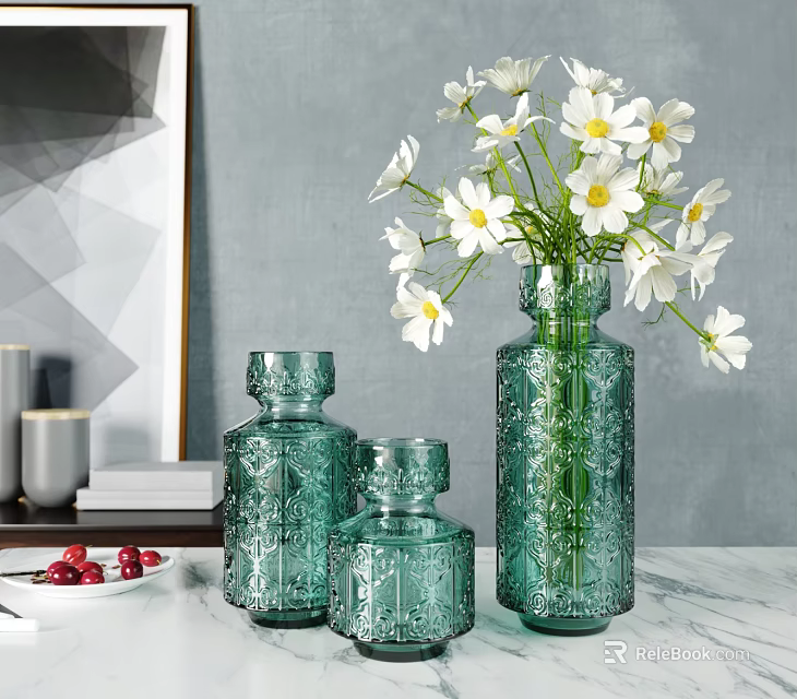 Embossed Green Glass Vases Holding White Flowers On Marble Tabletop 3d model 