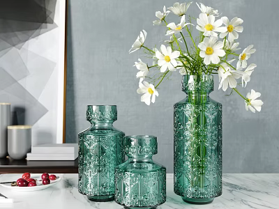 Embossed Green Glass Vases Holding White Flowers On Marble Tabletop 3d model