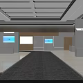 Modern Hall Interior With Gray Carpet White And Wooden Walls Blue Equipment And Screens