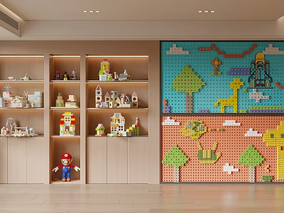 Colorful Kids Room Wall Decorated With Building Blocks And Cartoon Patterns Near Toy Shelves 3d model